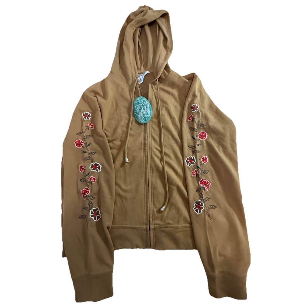 Soho Apparel Co Desert Tan Floral Embroidered Zip Up Hoodie Cotton M